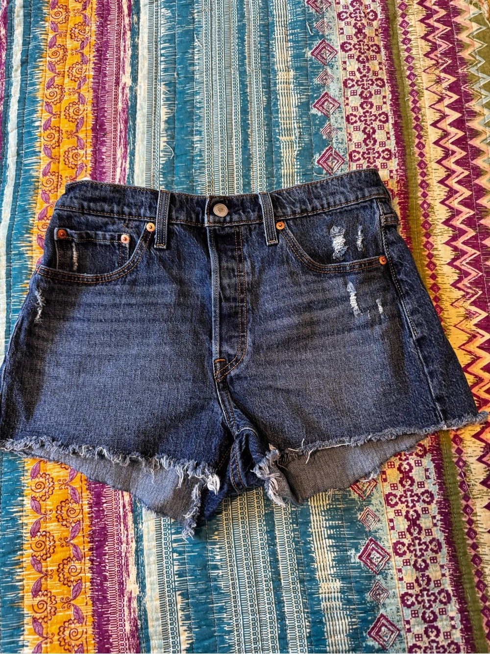 Levi's 501 Dark Blue Distressed Denim Cutoff Shorts